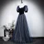 Vintage / Retro Navy Blue Sequins Prom Dresses 2026 A-Line / Princess Square Neckline Short Sleeve Backless