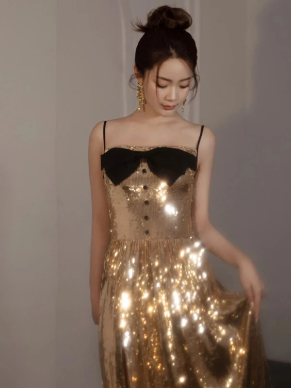 slim fit dress slacks Glamorous Gold Sequin Mini Dress with Long Sleeves & Plunging Neckline