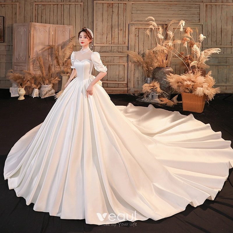 Ivory Satin Silk Ballgown Wedding Dress With Sheer Neckline, Lace Applique,  And Long Train Vintage Church Bridal Gresses With Long Sleeves And Dubai  Arabic Style CL2164 From Allloves, $252.78 | DHgate.Com