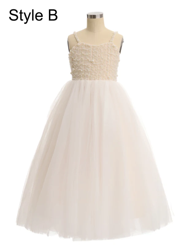 Chic / Beautiful White Beading Pearl Short Birthday Flower Girl Dresses 2024 Spaghetti Straps Sleeveless Backless
