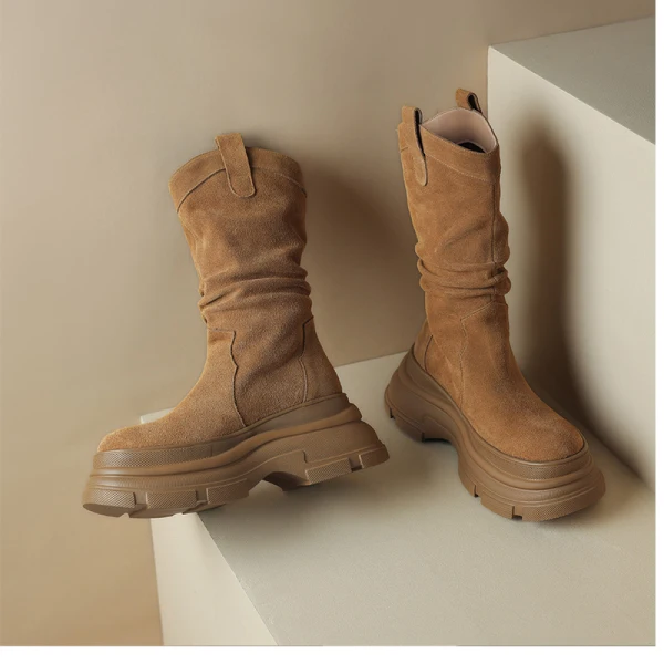 Vintage Brun Suede Gateklær Vinter Boots Dame 2024 Lær 8 cm Kilehæl Spisse Boots