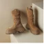 Vintage Brun Suede Gateklær Vinter Boots Dame 2024 Lær 8 cm Kilehæl Spisse Boots