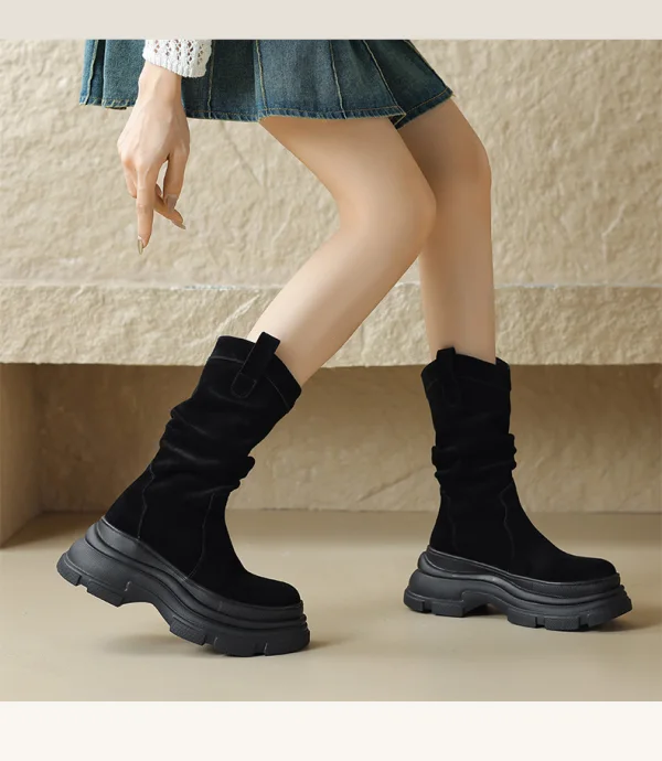 Vintage Brun Suede Gateklær Vinter Boots Dame 2024 Lær 8 cm Kilehæl Spisse Boots
