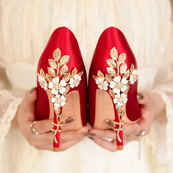 Fashion White Satin Prom Pumps 2022 Metal Flower Rhinestone 10 cm Stiletto Heels Pointed Toe Pumps High Heels