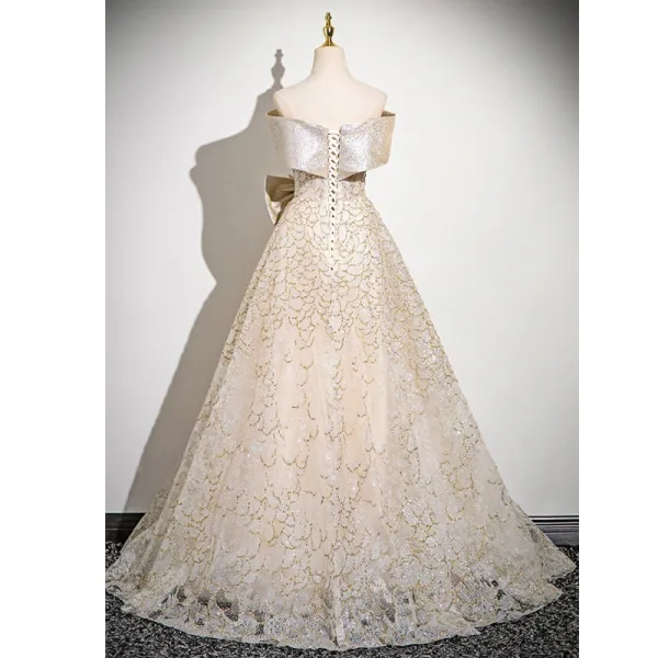 Fashion Champagne Glitter Sequins Bow Prom Dresses 2025 A-Line / Princess Strapless Sleeveless Backless Floor-Length / Long Prom Formal Dresses