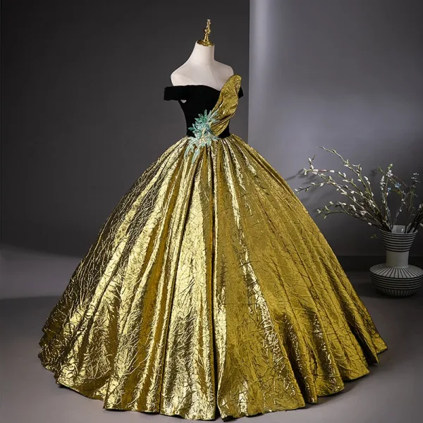 Vintage / Retro Black Gold Prom Dresses 2024 Ball Gown Off-The-Shoulder Sleeveless Floor-Length / Long Prom Formal Dresses