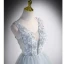 Elegant Sky Blue Beading Printing Prom Dresses 2023 A-Line / Princess V-Neck Sleeveless Backless Floor-Length / Long Prom Formal Dresses