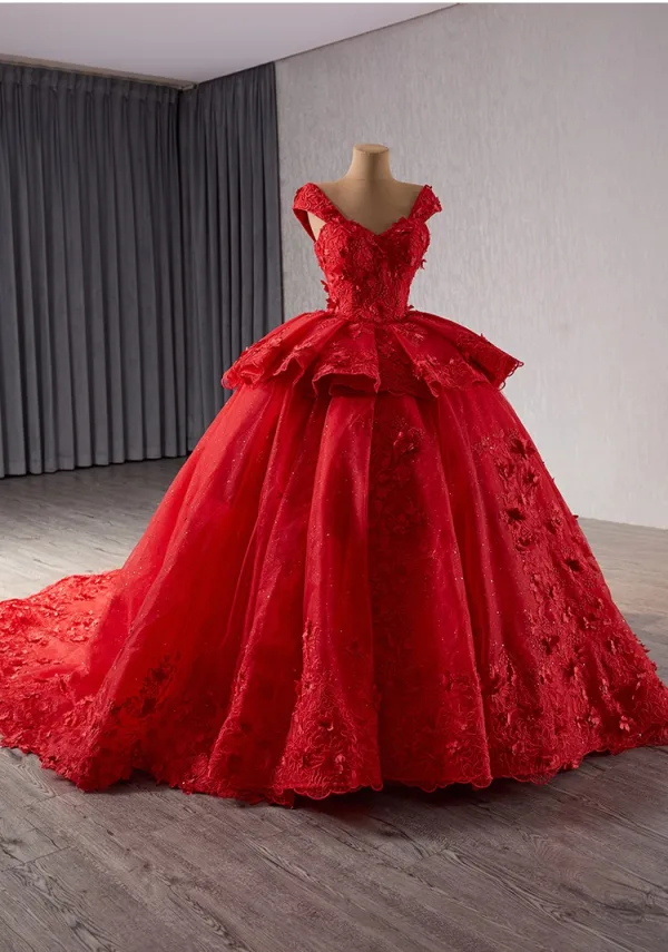 Vintage / Retro High-end Red Lace Flower Appliques Prom Dresses 2024 Ball Gown V-Neck Sleeveless Backless Court Train Prom Formal Dresses