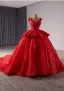 Vintage / Retro High-end Red Lace Flower Appliques Prom Dresses 2024 Ball Gown V-Neck Sleeveless Backless Court Train Prom Formal Dresses