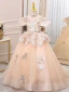 Elegant Champagne Beading Pearl Rhinestone Sequins Birthday Flower Girl Dresses 2024 Ball Gown High Neck Short Sleeve Backless Floor-Length / Long