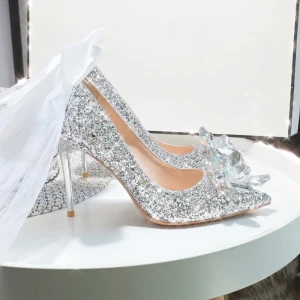 Scintillantes Sexy Argenté Cristal Paillettes Chaussure De Mariée 2024 9 Cm Talons Aiguilles À Bout Pointu Mariage Escarpins Talons Hauts