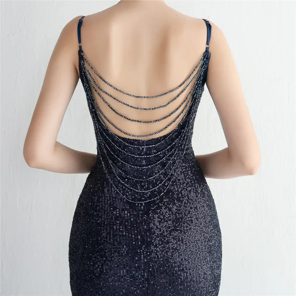 Sexy Blanche Perlage Paillettes Fendue devant Robe De Soirée 2024 Trompette / Sirène Bretelles Spaghetti Sans Manches Dos Nu Longue Soirée Robe De Ceremonie