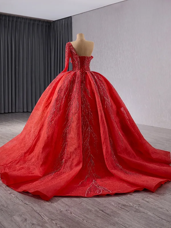 Luxe Rouge Fait main Perlage Robe De Bal 2024 Robe Boule Une épaule Manches Longues Dos Nu Train De Balayage Promo Robe De Ceremonie