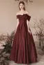 Vintage Burgunderrot Satin Ballkleider 2024 A Linie Ärmellos Off Shoulder Rückenfreies Lange Ball Festliche Kleider