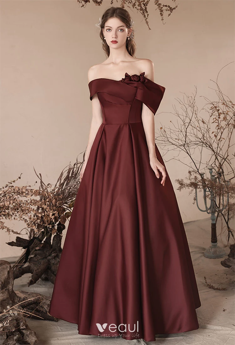 Vintage Retro Burgundy Satin Prom Dresses 2024 A Line Princess Sleeveless Off The Shoulder Backless Floor Length Long Prom Formal Dresses