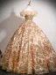 Sparkly Champagne Sequins Prom Dresses 2025 Ball Gown Ruffle Off-The-Shoulder Short Sleeve Backless Floor-Length / Long Formal Dresses