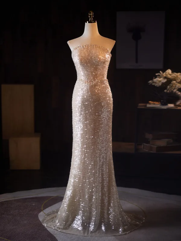 Luxe Scintillantes Champagne Paillettes Robe De Soirée 2026 Trompette / Sirène Bustier Gonflée Manches Courtes Dos Nu Train De Balayage Robe De Ceremonie
