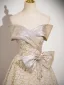 Fashion Champagne Glitter Sequins Bow Prom Dresses 2025 A-Line / Princess Strapless Sleeveless Backless Floor-Length / Long Prom Formal Dresses