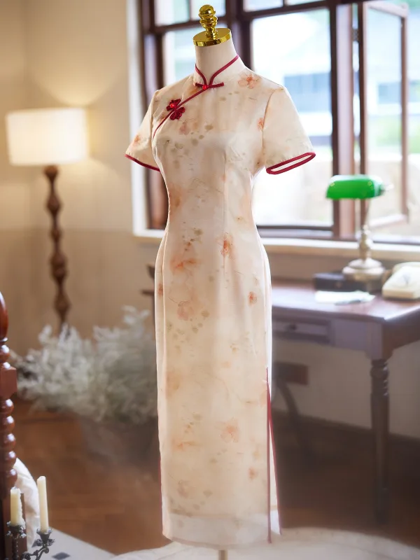 Chiński Styl Beżowe Druk Lato Długość Herbaty Cheongsam 2024 Syrena / Rozkloszowane Wysokiej Szyi Kótkie Rękawy