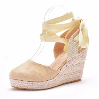 Bohemia Beige Braid Street Wear Womens Sandals 2023 Ankle Strap 10 Cm Wedges Round Toe Sandals