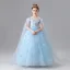 Chic / Beautiful Sky Blue Appliques Birthday Flower Girl Dresses 2025 Ball Gown Scoop Neck Short Sleeve Floor-Length / Long