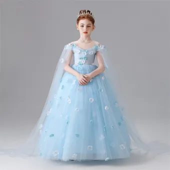 Chic Belle Bleu Ciel Appliques Anniversaire Robe Ceremonie Fille 2025 Robe Boule Encolure Dégagée Sans Manches Longue Tulle