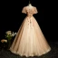 Classy Champagne Beading Sequins Prom Dresses 2023 Ball Gown Scoop Neck Short Sleeve Backless Floor-Length / Long Prom Formal Dresses