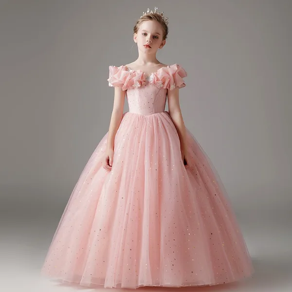 Chic / Beautiful Blushing Pink Lace Butterfly Sequins Birthday Flower Girl Dresses 2024 Ball Gown Scoop Neck Short Sleeve Floor-Length / Long Tulle