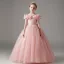 Chic / Beautiful Blushing Pink Lace Butterfly Sequins Birthday Flower Girl Dresses 2024 Ball Gown Scoop Neck Short Sleeve Floor-Length / Long Tulle
