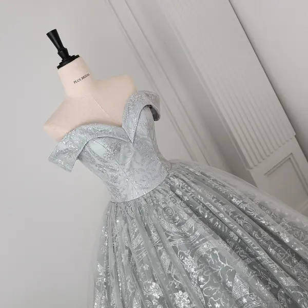 Sparkly Silver Sequins Prom Dresses 2026 Ball Gown Off-The-Shoulder Sleeveless Backless Floor-Length / Long Formal Dresses