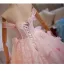 Lovely Blushing Pink Rhinestone Lace Flower Appliques Prom Dresses 2025 Ball Gown Strapless Bow Sleeveless Backless Floor-Length / Long Formal Dresses