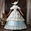Médiévale Vintage / Originale Bleu Ciel Faux Diamant En Dentelle Fleur Volants en Cascade Robe De Bal 2026 Robe Boule Bretelles Spaghetti Gonflée Manches Courtes Dos Nu Longue