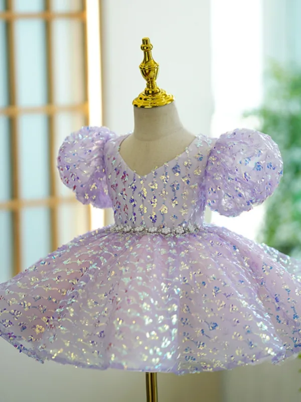 Bling Bling Lavender Sequins Short Birthday Flower Girl Dresses 2023 Ball Gown V-Neck Puffy Short Sleeve Backless