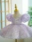 Bling Bling Lavender Sequins Short Birthday Flower Girl Dresses 2023 Ball Gown V-Neck Puffy Short Sleeve Backless