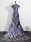 Chinesischer Stil Königliches Blau Satin Abend Sweep / Pinsel Zug Cheongsam 2025 Meerjungfrau Stehkragen Kurze Ärmel