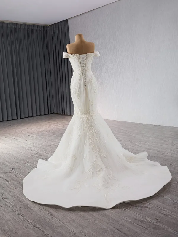 High End Weiß Perlenstickerei Pailletten Brautkleider / Hochzeitskleider 2024 Meerjungfrau Off Shoulder Ärmellos Rückenfreies Sweep / Pinsel Zug Hochzeit