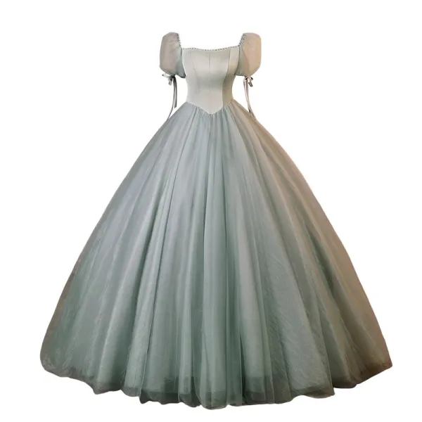 Elegante Salbeigrün Ballkleider 2023 Ballkleid Eckiger Ausschnitt Geschwollenes Kurze Ärmel Rückenfreies Lange Ball Festliche Kleider