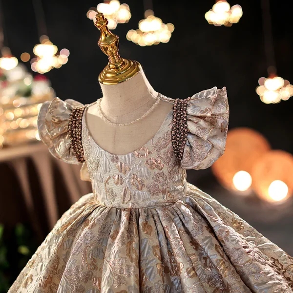Chic / Beautiful Champagne Birthday Short Flower Girl Dresses 2022 Ball Gown Scoop Neck Beading Sequins Short Sleeve Flower Girl Dresses