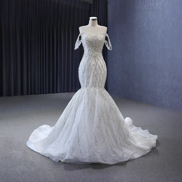 Haut De Gamme Blanche Perlage Fait Main Perle Robe De Mariée 2023 Trompette Sirène Bustier Sans Manches Dos Nu Train De Balayage Mariage