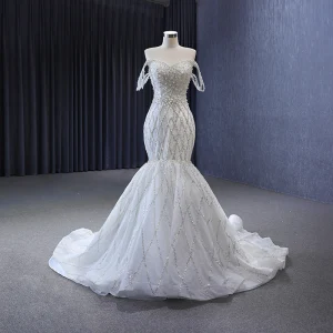 High End Weiß Perlenstickerei Handgefertigt Perle Brautkleider Hochzeitskleider 2023 Meerjungfrau Bandeau Ärmellos Rückenfreies Sweep Pinsel Zug Hochzeit