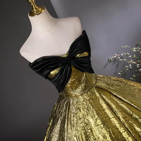 Vintage / Retro Black Gold Ball Gown Prom Dresses 2024 Strapless Sleeveless Backless Floor-Length / Long Prom Formal Dresses