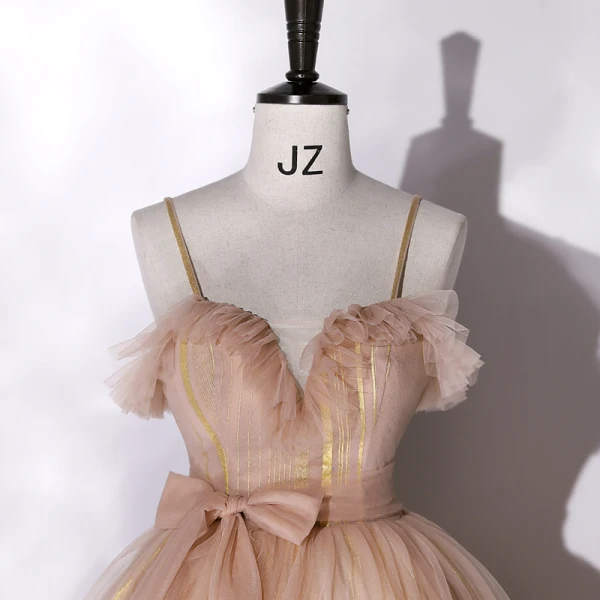Charmant Champagner Ballkleider 2022 Ballkleid Spaghettiträger Ärmellos Rückenfreies Schleife Stoffgürtel Lange Festliche Kleider