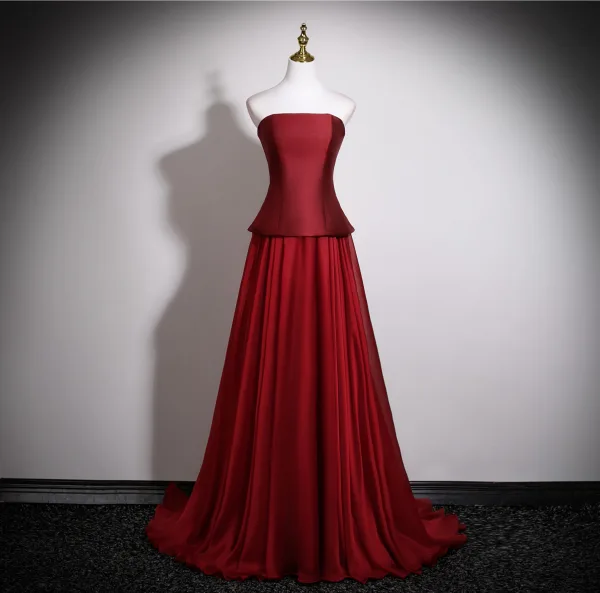 Chic / Belle Bordeaux Robe De Bal 2025 Princesse Bustier Sans Manches Dos Nu Longue Robe De Ceremonie