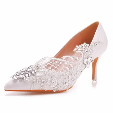 Elegante Witte Rhinestone Pailletten Kant Bloem Bruidsschoenen 2023 7 Cm Naaldhakken Stiletto Spitse Neus Huwelijk Pumps Hoge Hakken