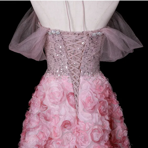 Flower Fairy Blushing Pink Beading Sequins Pearl Rhinestone Appliques Prom Dresses 2026 A-Line / Princess Off-The-Shoulder Short Sleeve Backless Floor-Length / Long Formal Dresses