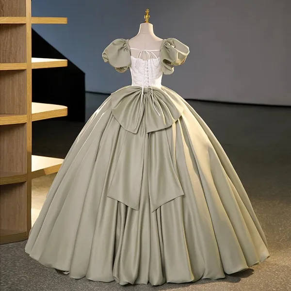 Elegant Sage Green Satin Prom Dresses 2023 Ball Gown Square Neckline Puffy Short Sleeve Backless Bow Floor-Length / Long Prom Formal Dresses