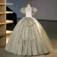 Elegant Sage Green Satin Prom Dresses 2023 Ball Gown Square Neckline Puffy Short Sleeve Backless Bow Floor-Length / Long Prom Formal Dresses