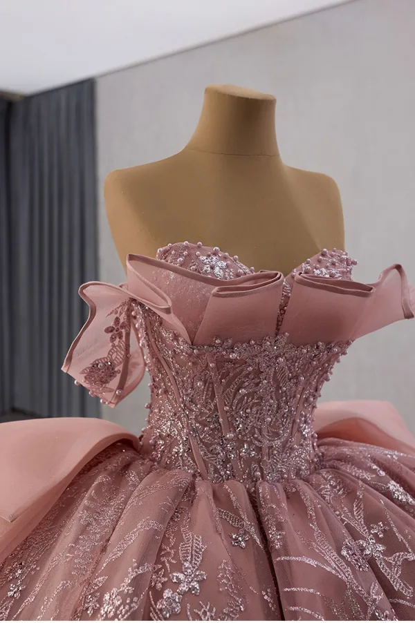 Luxus / Herrlich Rosa Handgefertigt Perlenstickerei Pailletten Perle Ballkleider 2025 Ballkleid Bandeau Ärmellos Rückenfreies Königliche Schleppe Festliche Kleider