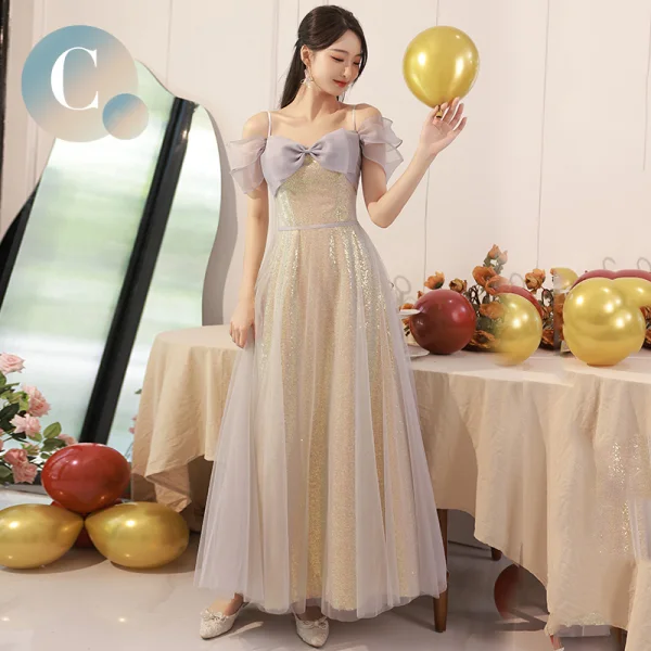 Chic / Beautiful Gold Sequins Bridesmaid Dresses 2023 A-Line / Princess Off-The-Shoulder Short Sleeve Backless Floor-Length / Long Bridesmaid Dresses