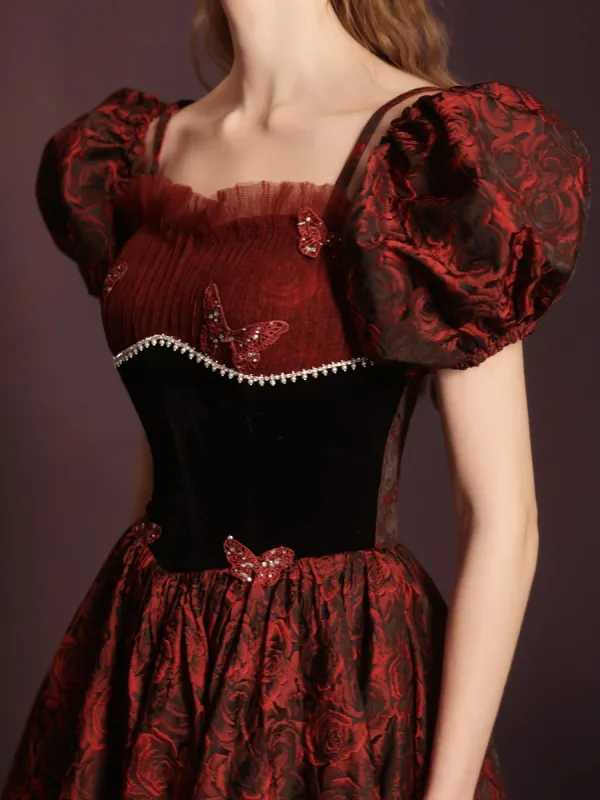Modern / Fashion Burgundy Lace Butterfly Printing Evening Dresses 2023 A-Line / Princess Spaghetti Straps Sleeveless Pearl Rhinestone Backless Floor-Length / Long Evening Party